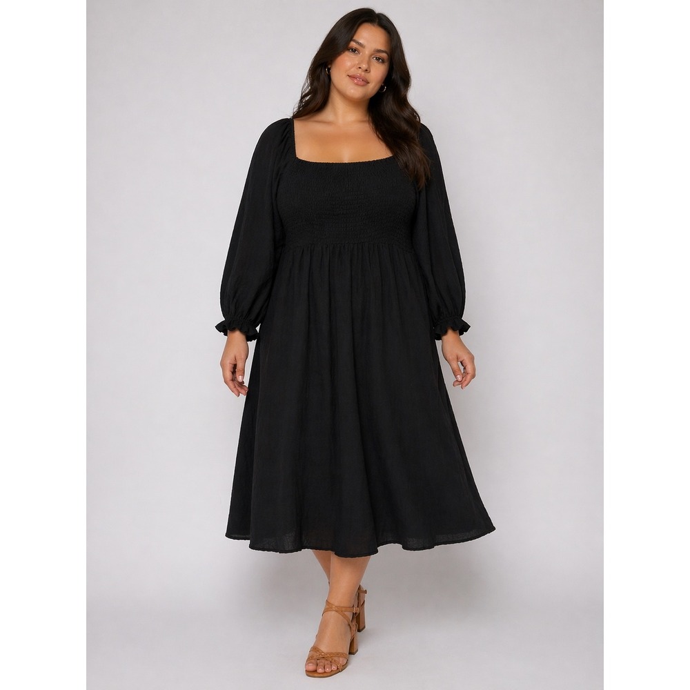 New Look Curves Midi Dress Womens 14 Black Smocked Linen Blend Cottagecore Boho